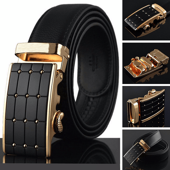 Men Genuine Leather Full Automatic Buckle Belt 3.5 CM Ratchet Full Cowhide Belt for Suit - MRSLM