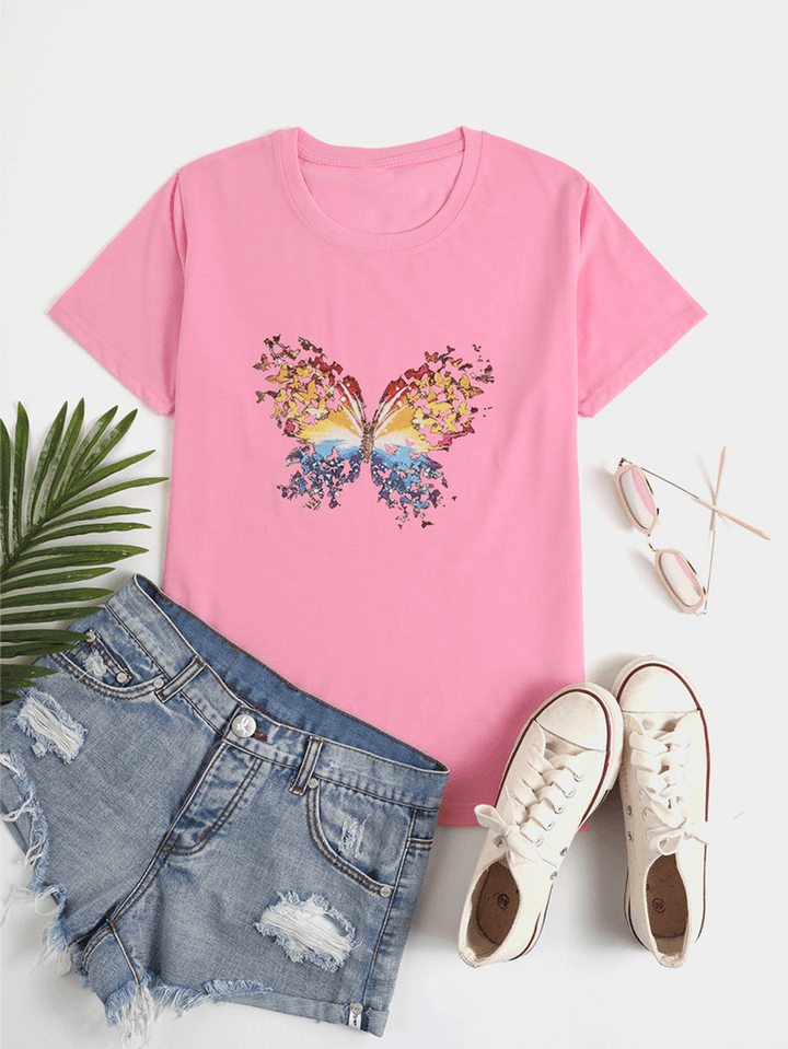 Butterfly Print round Neck Short Sleeve Summer Wild Casual T-Shirts - MRSLM