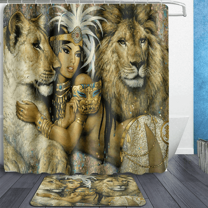 African Woman Egypt Queen and Lion Waterproof Bathroom Set Shower Curtain Bath Mats Floor Doormat Rugs - MRSLM