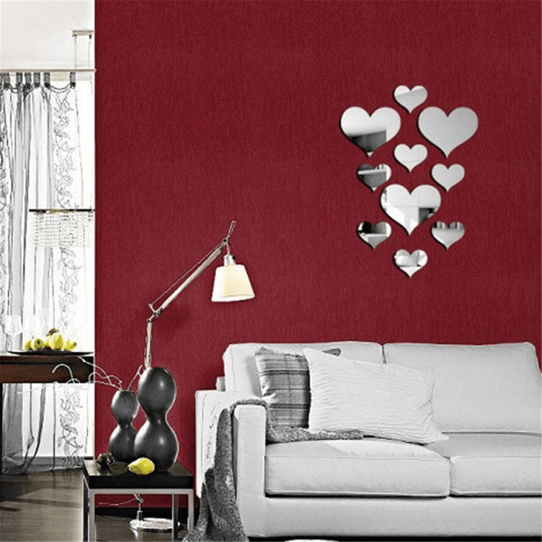 10Pcs 3D Mirror Decals Love Heart Art Mural Wall Sticker DIY Home Room Decor - MRSLM