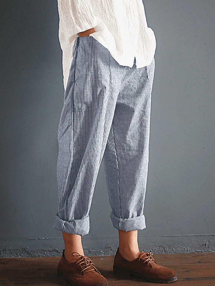 S-5XL Casual Stripe Pocket Elastic Waist Women Harem Pants - MRSLM