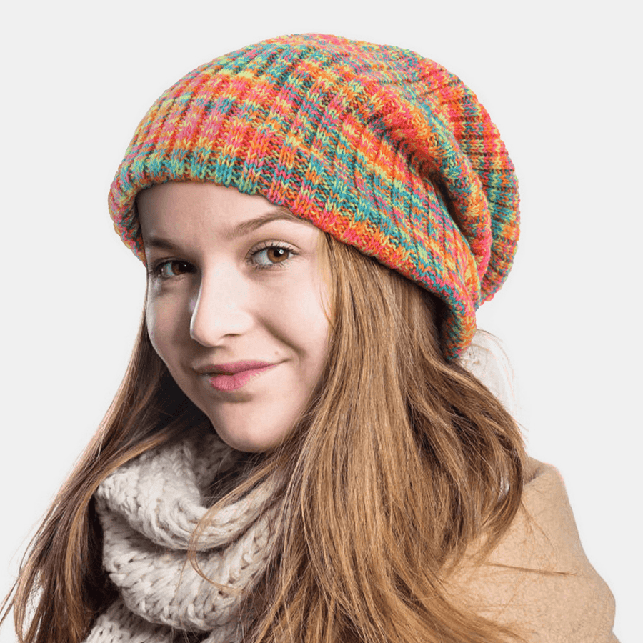 Unisex Woolen Mixed Rainbow Color Stripes Pattern plus Velvet Thick Warm Couple Hat Beanie Knitted Hat - MRSLM