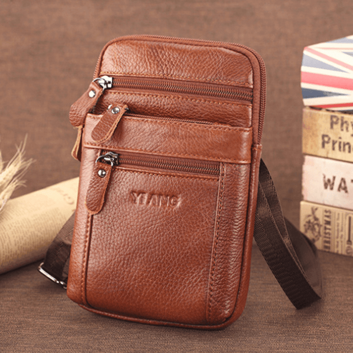 Men Genuine Leather Retro Multi-Function Belt Bag Cross Body Bag Casual Large Capacity Easy Carry Waist Bag - MRSLM