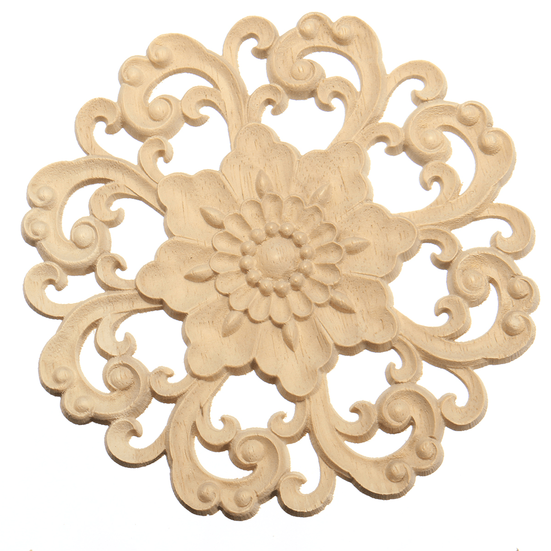 Wood Carved Onlay Applique Unpainted Flower Pattern Furniture Frame Door Decor 15Cm - MRSLM