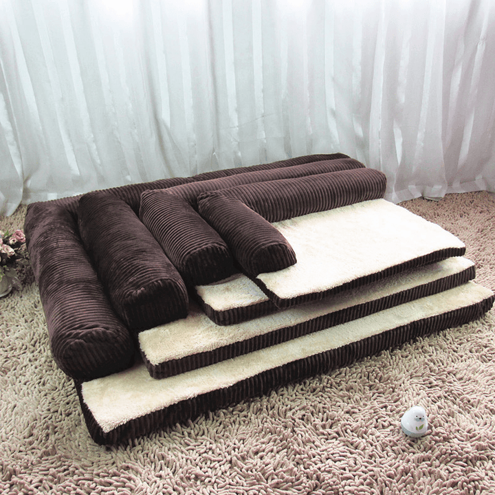 Luxury Corduroy Bolster Pet Dog Sofa Bed Puppy Fleece Bed Mat for Large Dog Pet Bed - MRSLM