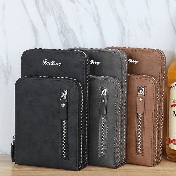 Baellerry Men Faux Leather Multifunction Vertical Large Capacity Double Zipper 6.3 Inch Phone Bag Crossbody Bag Wallet - MRSLM