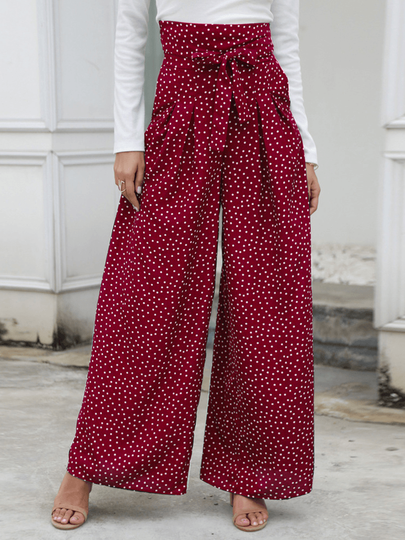 Casual Polka Dot Print High Waist Bow Wide Pants with Pocket - MRSLM