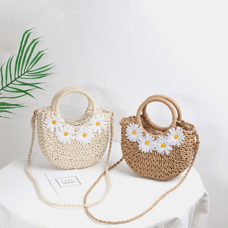 Women Daisy Travel Summer Beach Straw Handbag Crossbody Bag Shoulder Bag - MRSLM