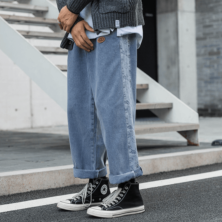 Men'S Cropped Jeans Japanese Loose Straight Leg - MRSLM