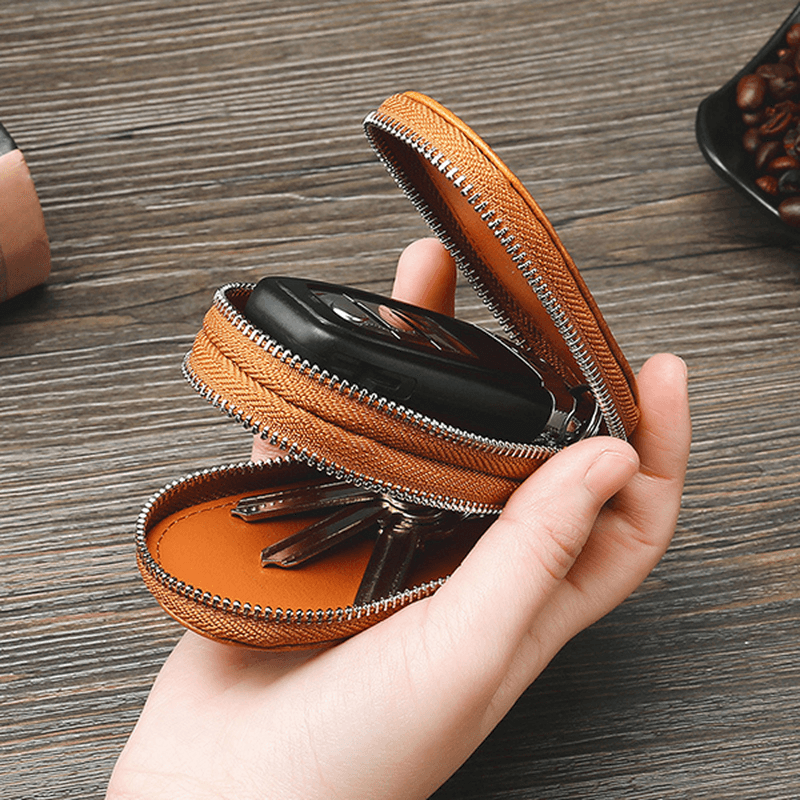 Men Genuine Leather Minimalist Wallet Double Zipper Car Key Case Key Holder - MRSLM