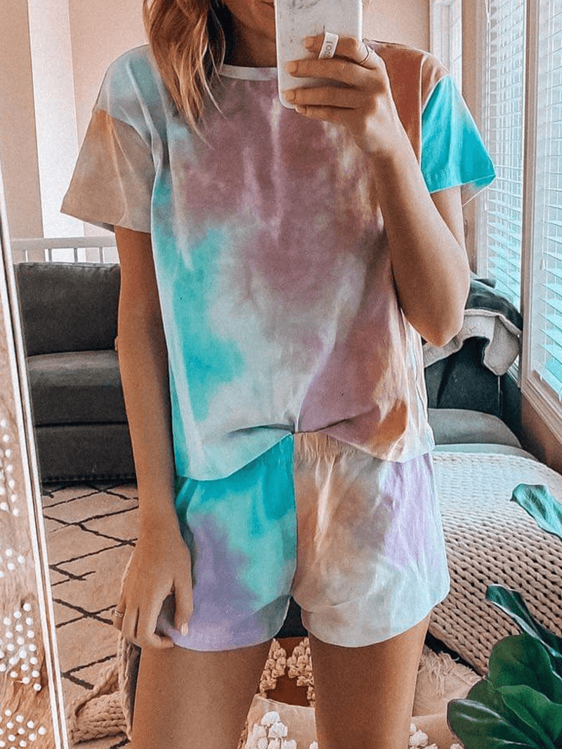 Tie Dye Print Loungewear Set Dradient Short Sleeve Two Piece Pajamas - MRSLM