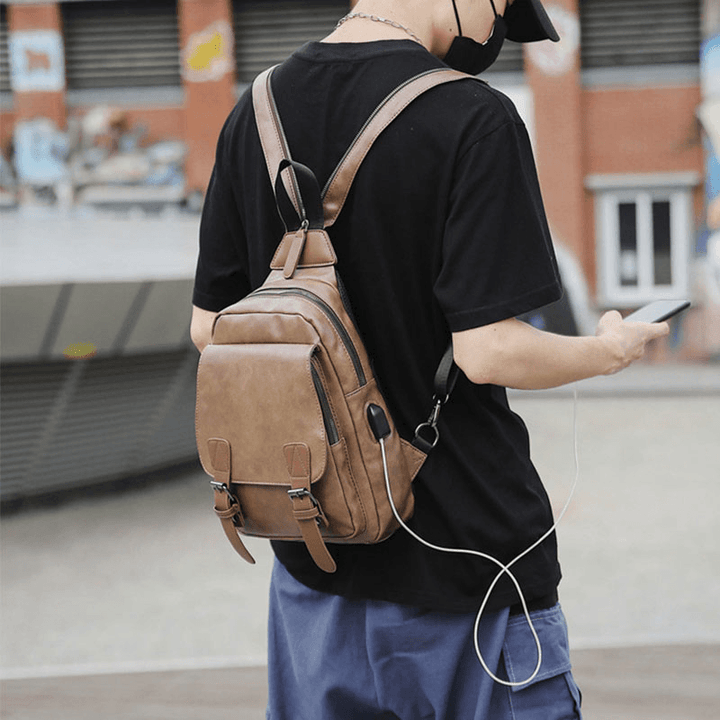 Men Retro Earphone Hole Multi-Carry USB Charging Multi-Layers Waterproof Crossbody Bag Chest Bag Sling Bag - MRSLM