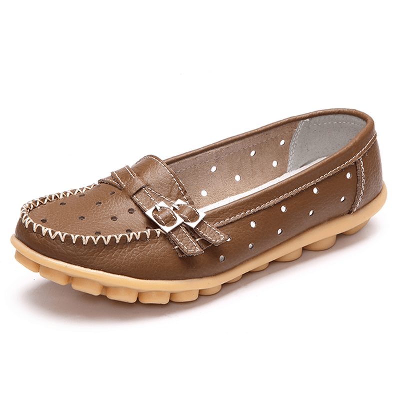 Women Flat Hollow Out Casual Soft Leather Slip on round Toe Loafers - MRSLM