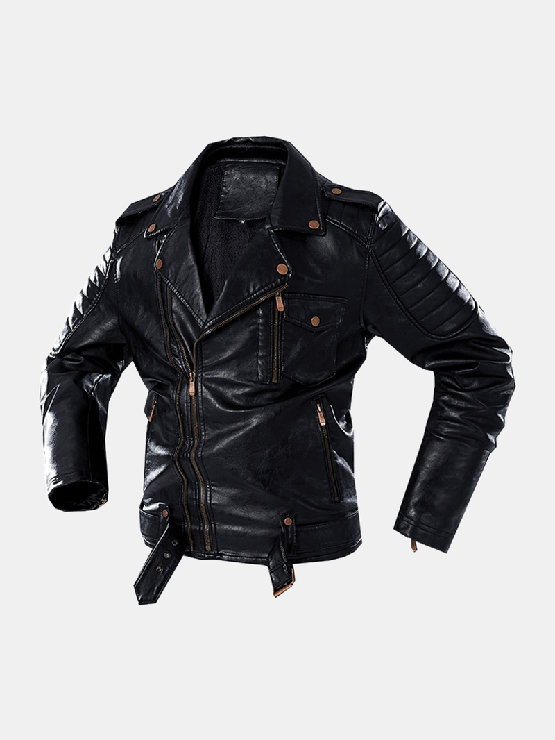 Mens Pocket Lapel Zip-Up Sashes PU Leather Jackets - MRSLM