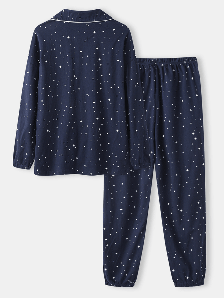 Women Allover Starry Sky Figure Print Revere Collar Cotton Cuffed Pajamas Sets - MRSLM