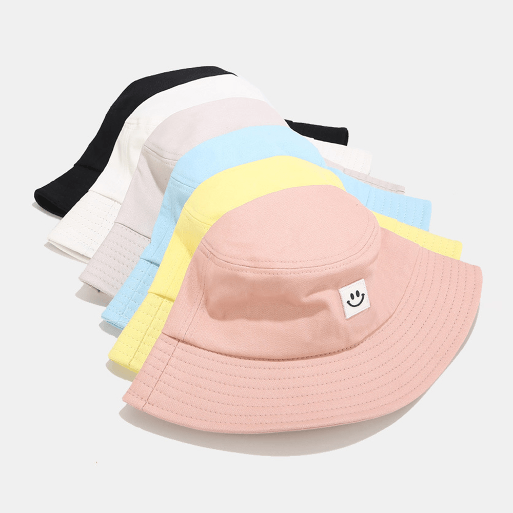 Unisex Smile Pattern Patch Wide Brim Sun Hat All-Match Outdoor Casual Sunshade Bucket Hat - MRSLM