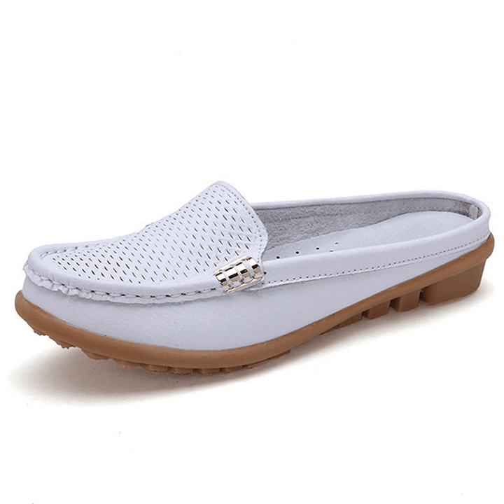 US Size 5-10 New Women Casual Fashion Breathable round Toe Slip-On Leather Flat Sandals Shoes - MRSLM