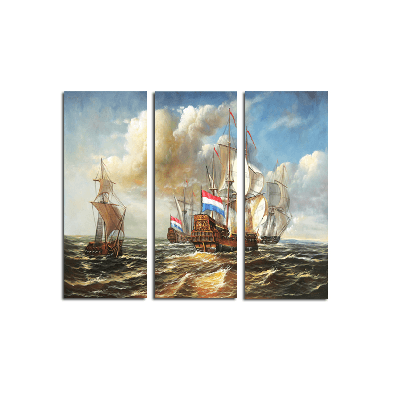 Miico Hand Painted Three Combination Decorative Paintings Sea Vessel Wall Art for Home Decoration - MRSLM