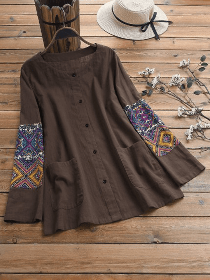 Ethnic Print Patchwork Long Sleeve Blouse - MRSLM