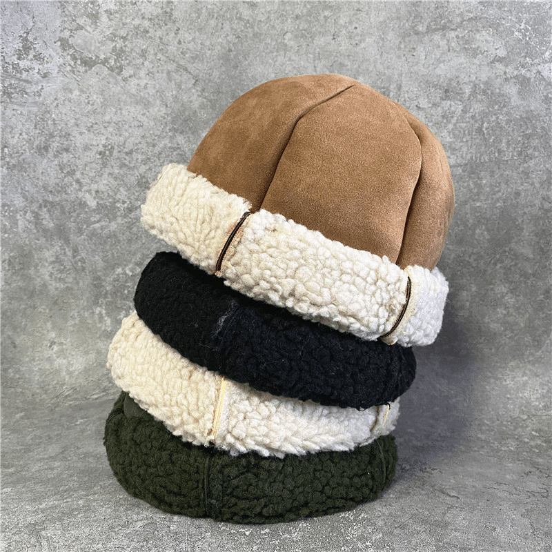 Unisex Shearling Lamb Hair Warm Casual Fashion plus Thicken Brimless Beanie Skull Hat Landlord Hat - MRSLM