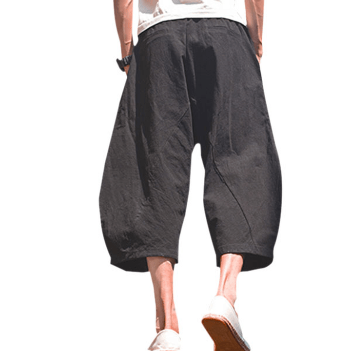 Mens Cotton Linen Loose Casual Calf-Length Harem Pants - MRSLM