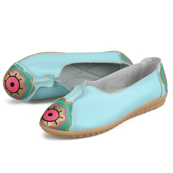 Sun Eye Flower Pattern Soft Leather Slip-Ons Lazy Driving Flat Loafers - MRSLM