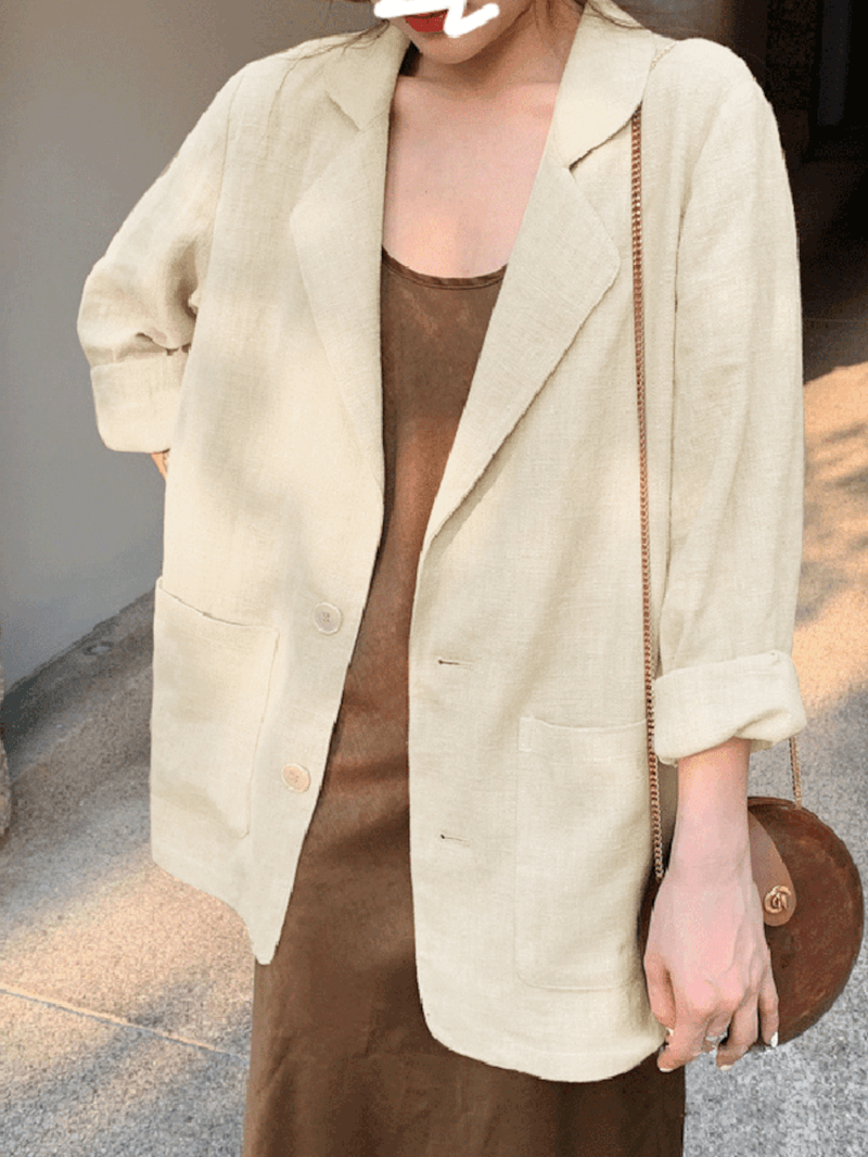 100% Cotton Solid Full Sleeve Lapel Loose Coat with Side Pockets for Women - MRSLM