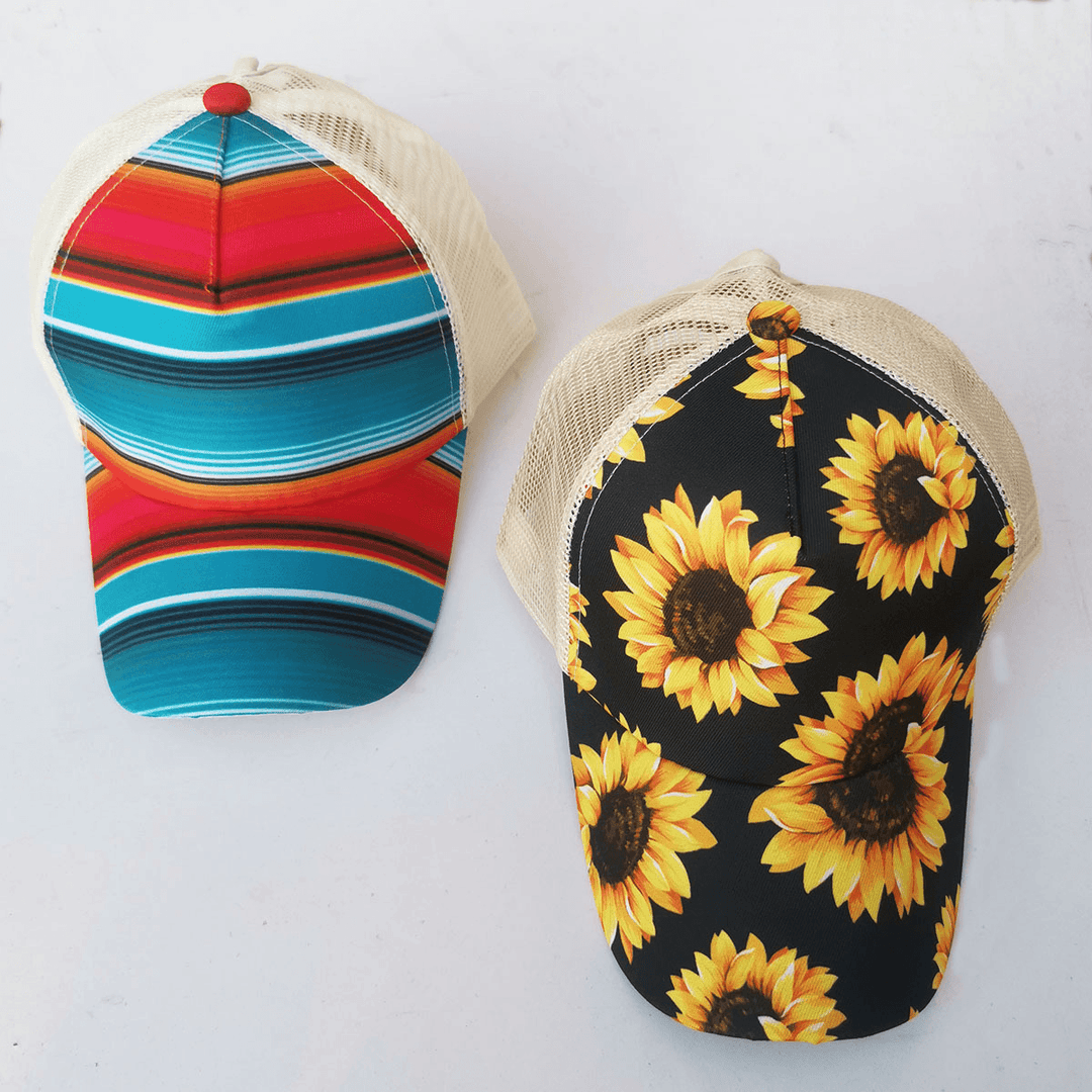 European and American Sunflower Print Baseball Cap, Back Cross Ponytail Cap, Color Striped Sunscreen Mesh Cap - MRSLM