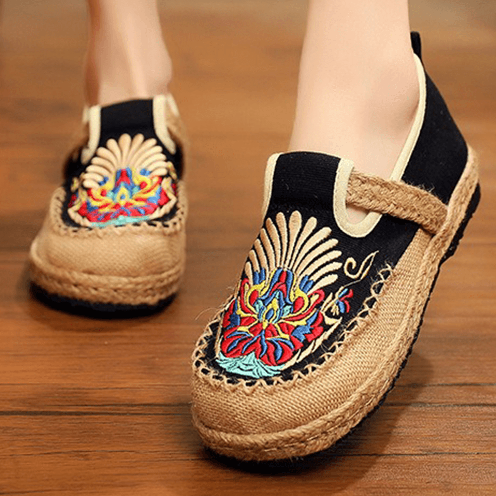 Women Linen Comfy Embroidery Straw Slip on Flat Loafers - MRSLM