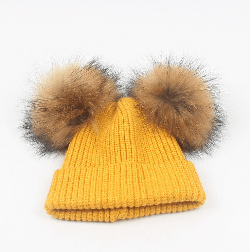 Children'S Double Hair Ball Curling Autumn and Winter Warm Earmuffs Knitted Hat - MRSLM