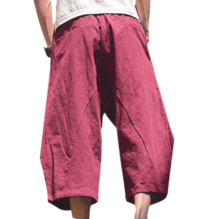 Mens Cotton Linen Loose Casual Calf-Length Harem Pants - MRSLM