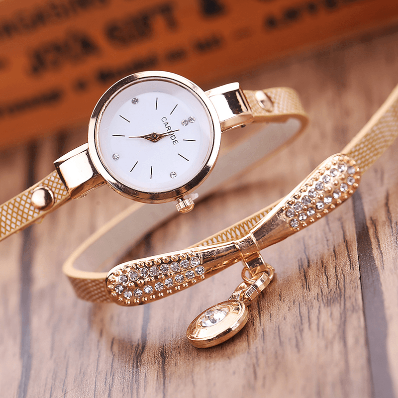 Retro Pu Strap Multi-Layer Lady Watch Metal Geometric Rhinestone Bow Pendant Women Quartz Watch - MRSLM