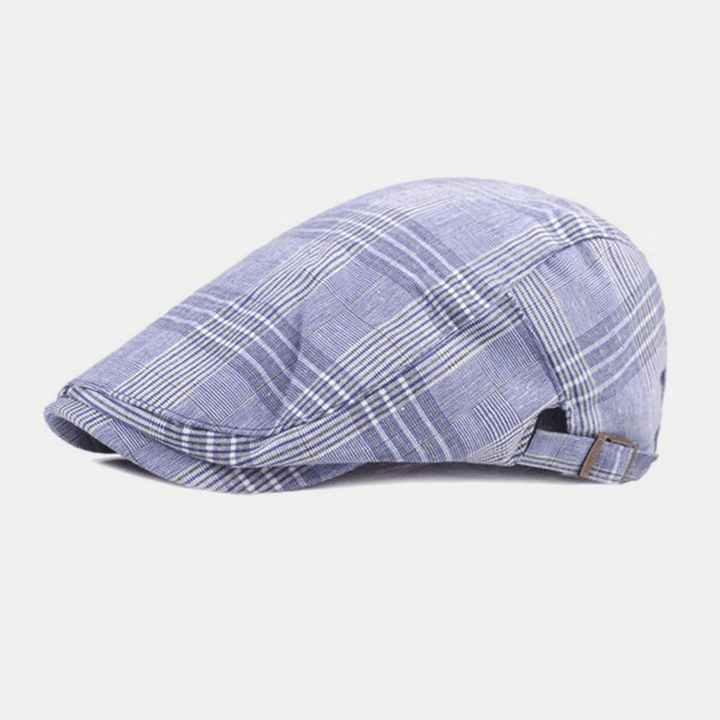 Men Cotton Beret Cap Plaid Pattern Casual Retro Sunshade Forward Cap Flat Hat - MRSLM