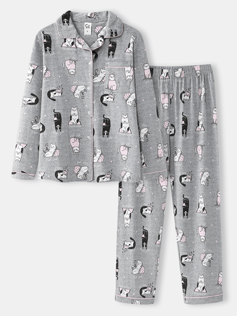 Women Allover Cartoon Cats Print Lapel Long Sleeve Cotton Loungewear Comfy Home Pajamas Sets - MRSLM