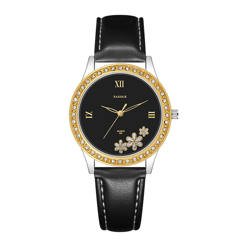 Yazole 557 Fashion Elegant Flower Rhinestone Decoration Dial Genuine Leather Strap 3ATM Waterproof Female Wristwatch Quartz Watch - MRSLM