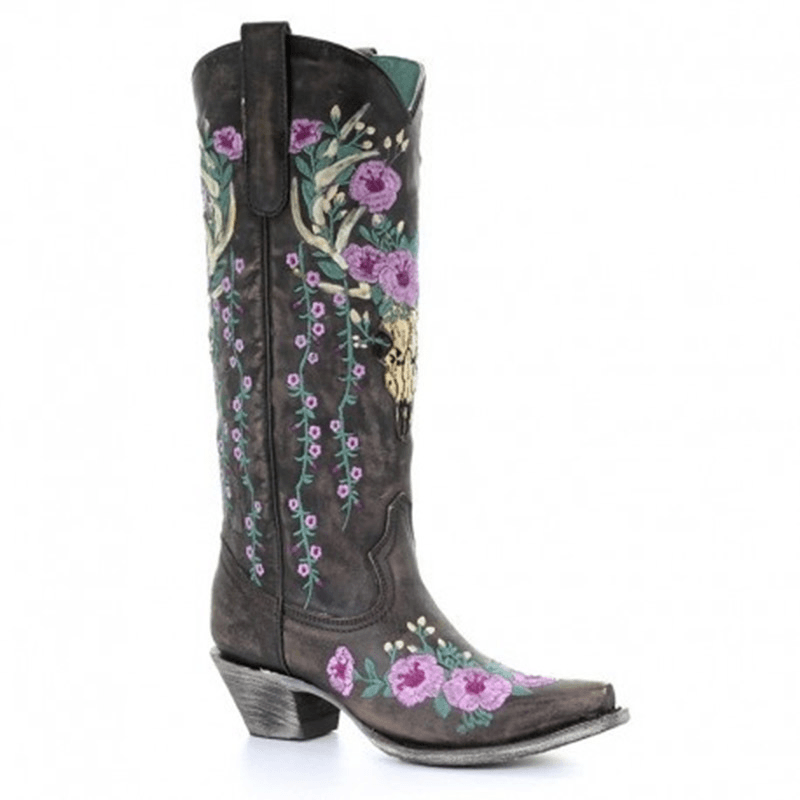 Women Retro Floral Animal Embroidery Leather Pointy-Toe V-Cut Chunky Heel Mid-Calf Knight Boots - MRSLM