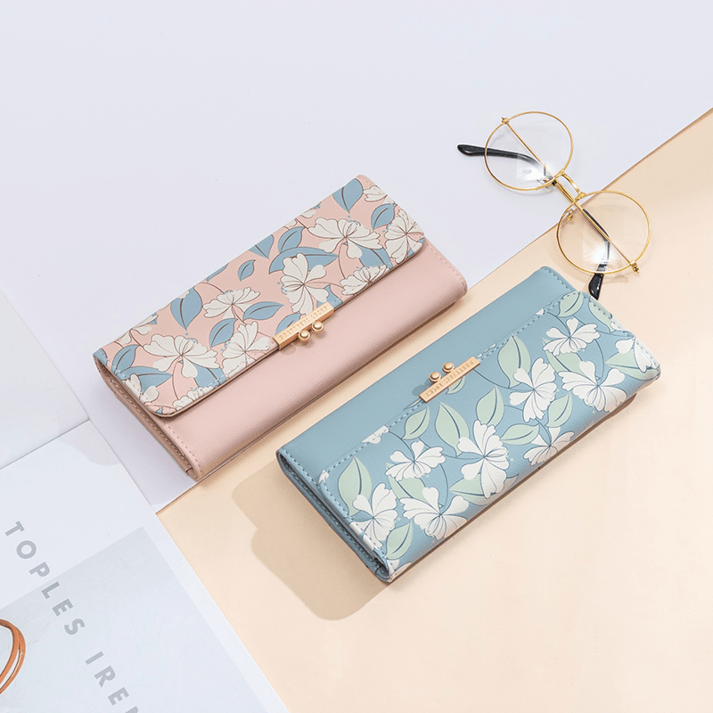 Women Plants 9 Card Slots Floral Trifold Wallet Purse - MRSLM