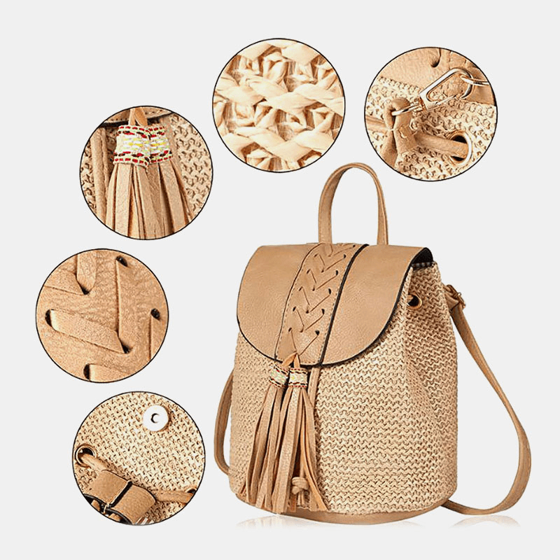 Women Tassel Straw Bag Retro Beach Bag Backpack Bucket Bag - MRSLM