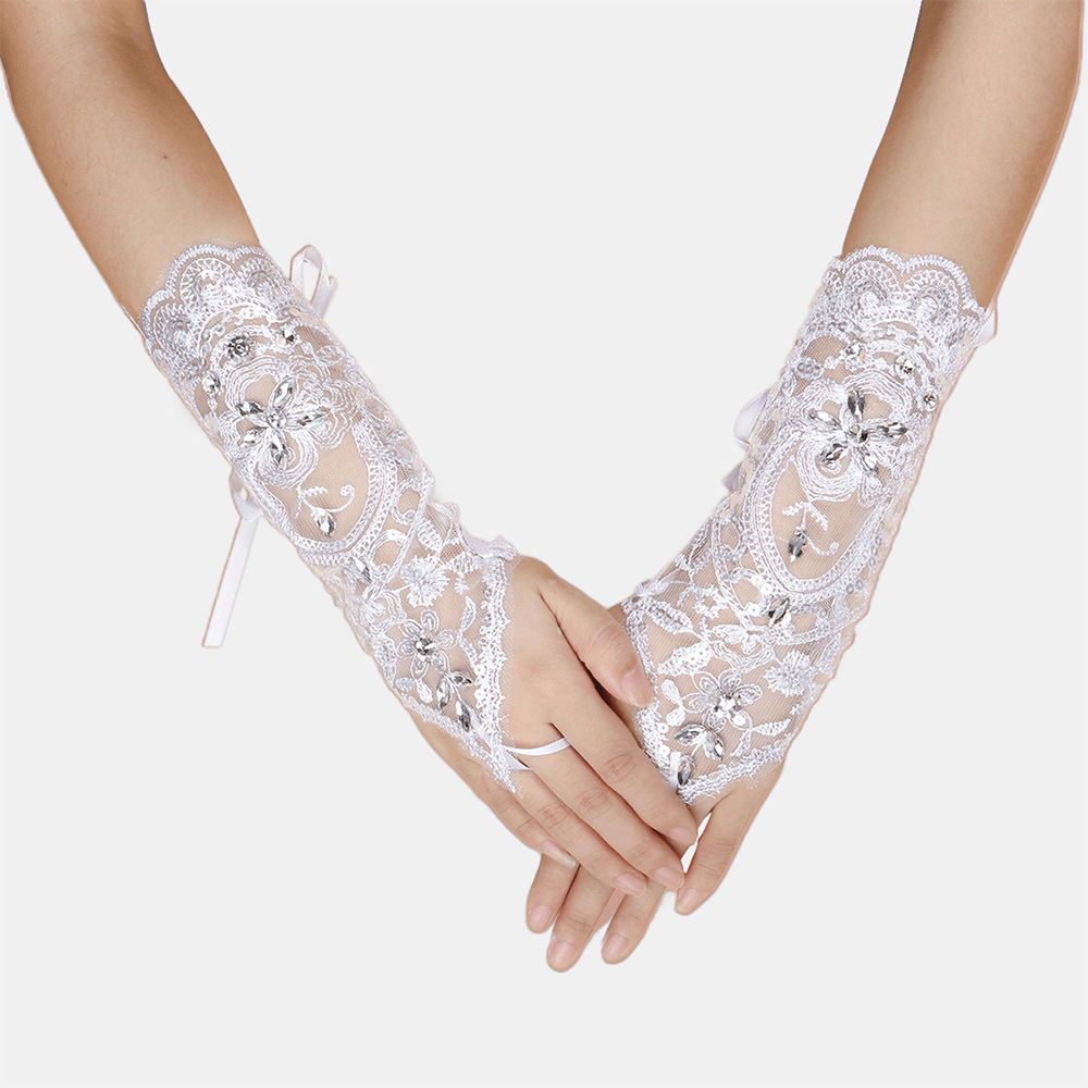 Women Lace Flowers with Rhinestone Bandage Split Finger Gloves Mid-Length Wild Mesh Breathable Sun Protection Sleeves - MRSLM