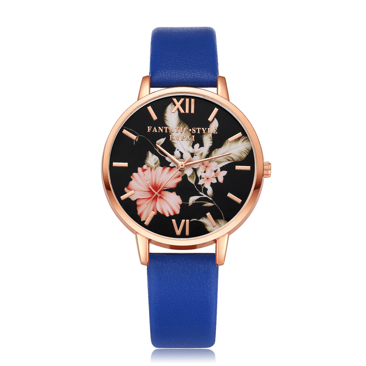 LVPAI Fashion Flower Pattern PU Leather Strap Womenwrist Watch Ladies Dress Quartz Watch - MRSLM