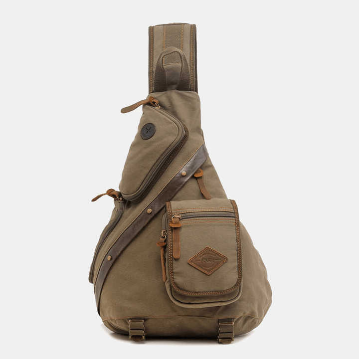 Men Genuine Leather and Canvas Travel Outdoor Carrying Bag Multi-Pocket Crossbody Bag Chest Bag - MRSLM