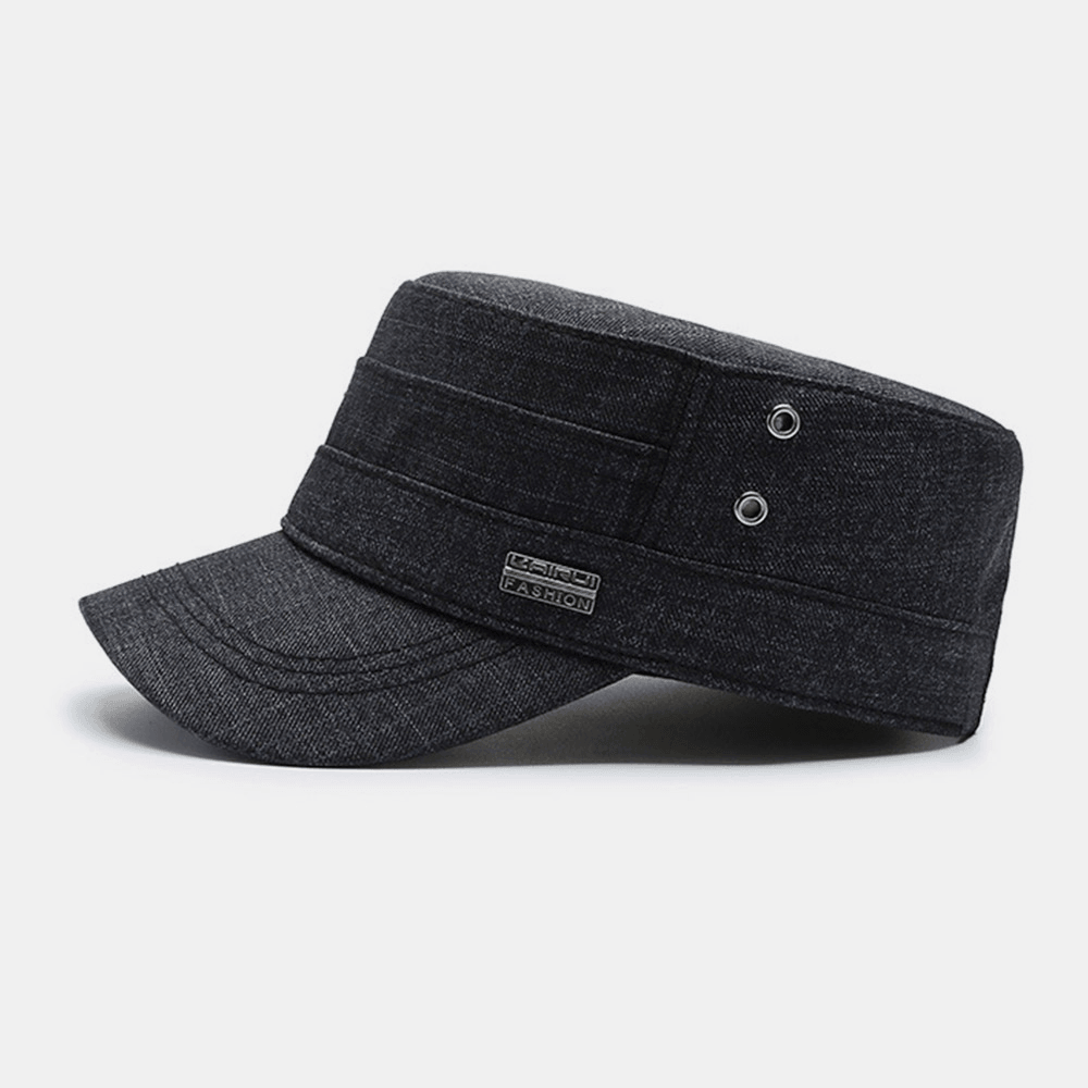 Men Cotton Dark Lattice Letter Metal Label Outdoor Sunshade Casual Military Hat Flat Cap Peaked Cap - MRSLM