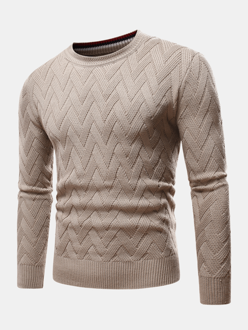 Mens Chevron Knitted Solid Color Crew Neck Slim Fit Casual Sweater - MRSLM