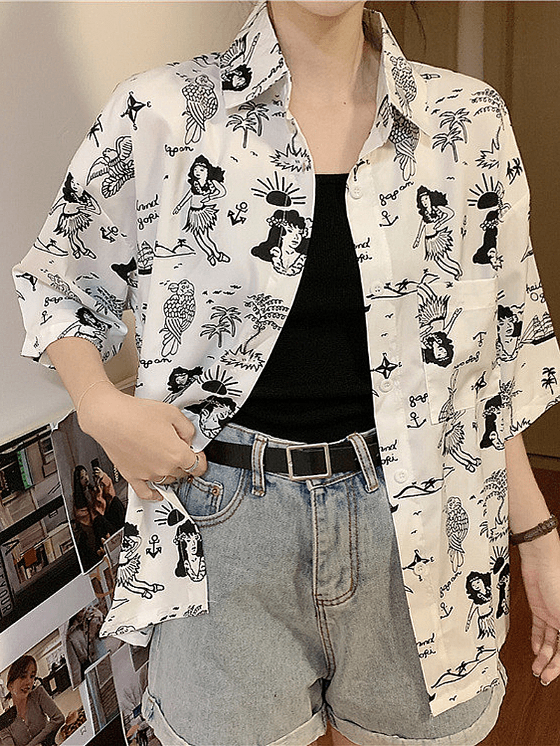 Women Funny Cartoon Printed Lapel Collar Loose Shirts - MRSLM