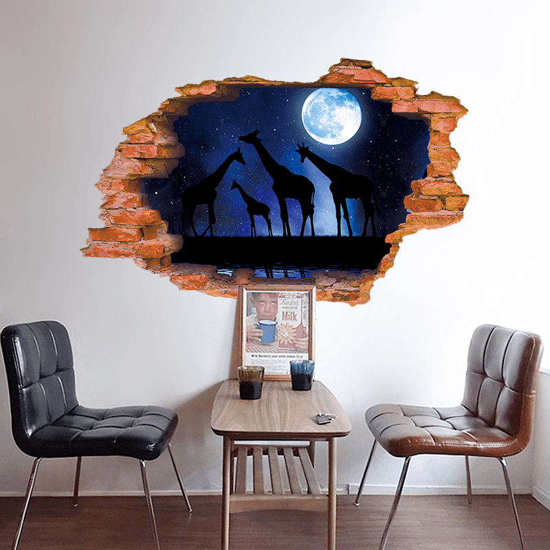 Miico Creative 3D Moon Night Giraffe Broken Wall Removable Home Room Decorative Wall Floor Decor Sticker - MRSLM