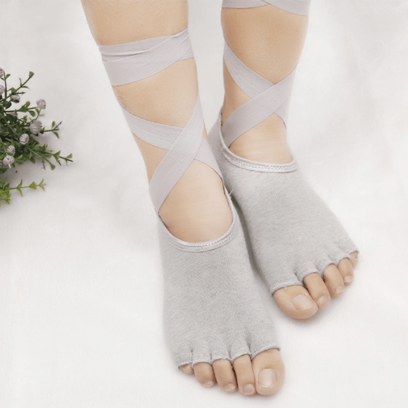 Women Ladies Five Finger Toes Yoga Socks Ballet Sports Lace Non-Slip Exposed Instep Yoga Socks - MRSLM