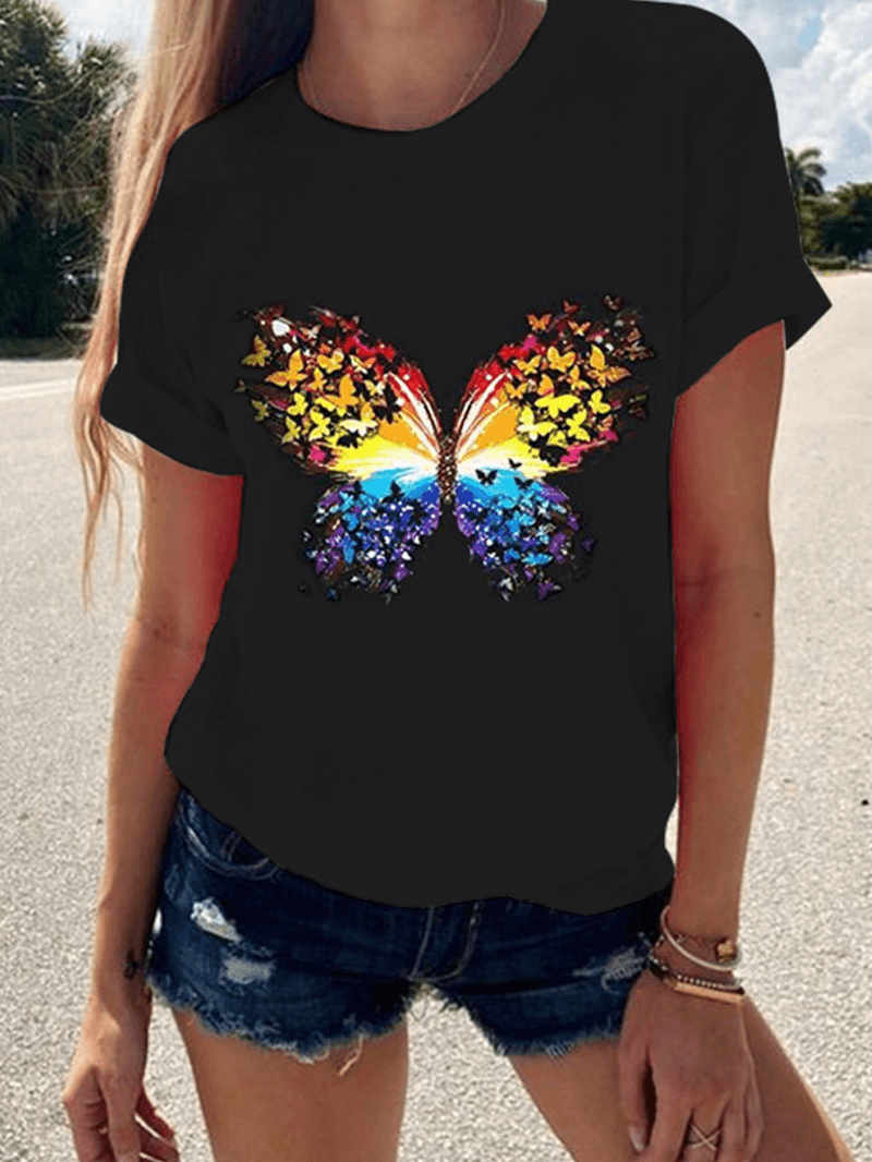 Butterfly Print round Neck Short Sleeve Summer Wild Casual T-Shirts - MRSLM