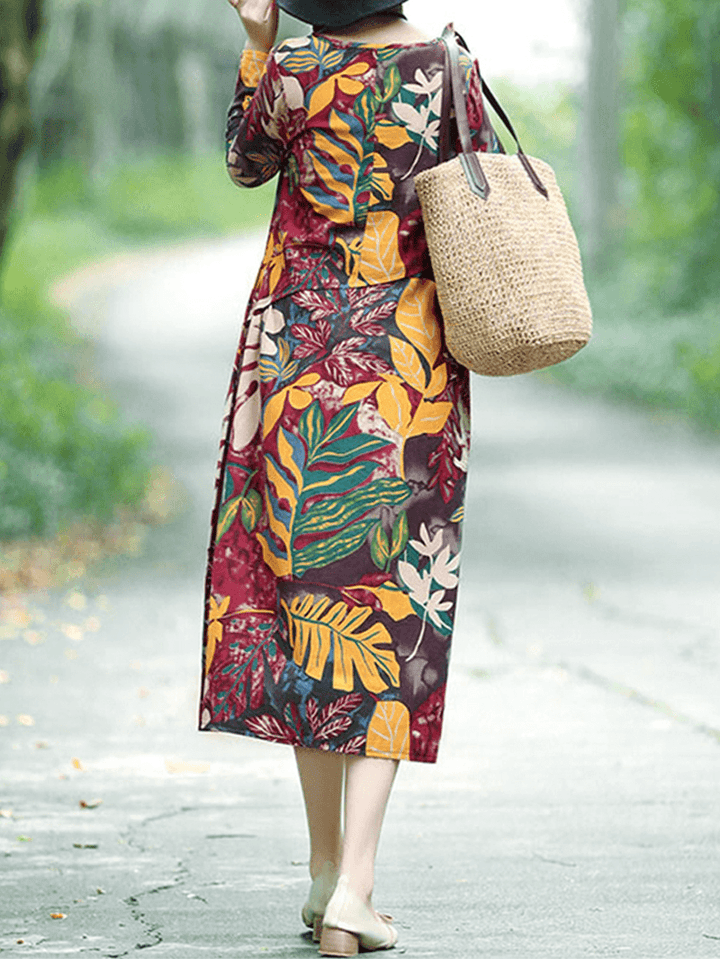 Floral Leaf Print Vintage Casual Midi Dress with Side Pockets - MRSLM