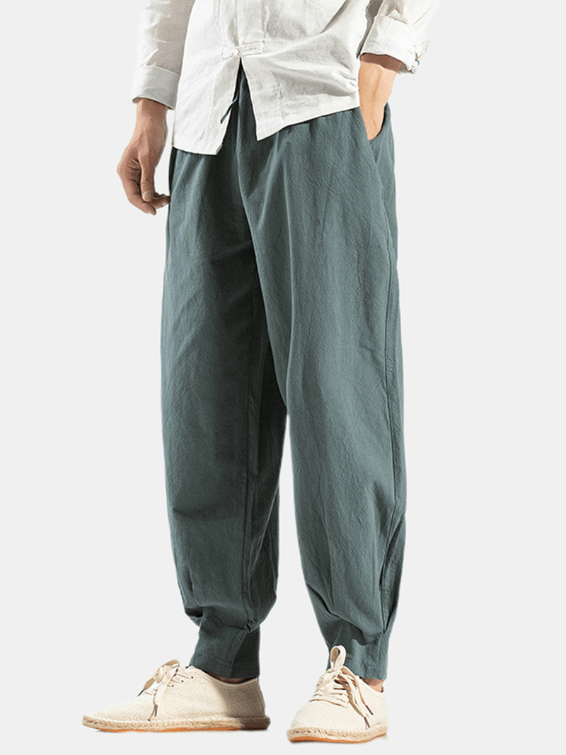 Mens 100% Cotton Oriental Elastic Waist Solid Color Harem Pants with Pocket - MRSLM