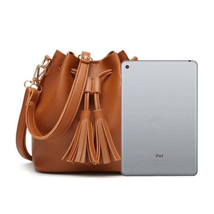 Women PU Leather Drawstring Bucket Bags Retro Tassel Shoulder Bags Crossbody Bags - MRSLM